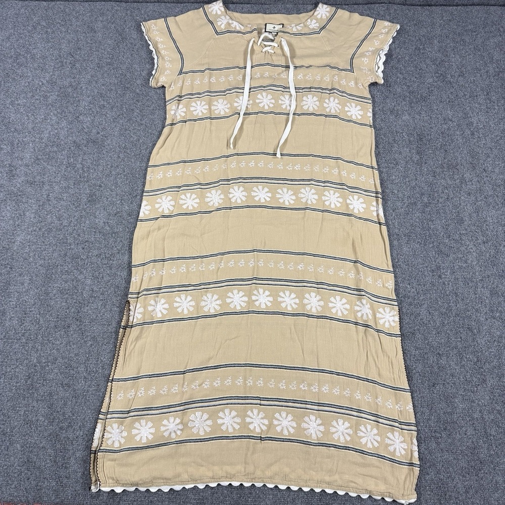 Tuckernuck‎ Caftan Dress Medium Tan Floral Stencil Cover Up Beach Scallop V Neck